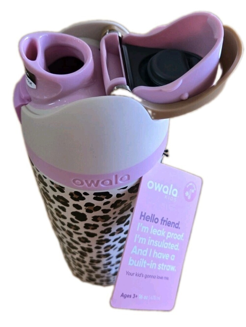 Owala "Wild One" 16oz Kids FreeSip Target Cat & Jack Leopard Print Pink Tan New - Picture 6 of 6